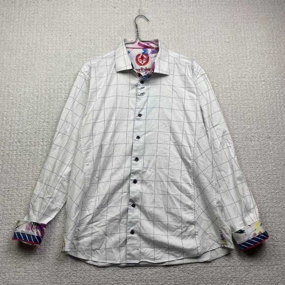 Au Noir White Button Down Shirt Geometric Grid Watercolor Design Men Sz 5 Read - Picture 1 of 14